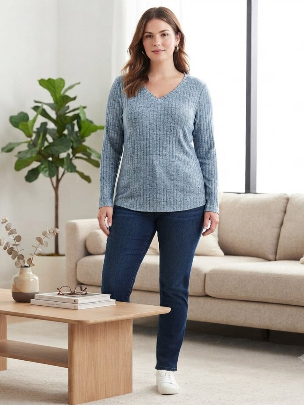 Ribbed V-Neck Long Sleeve Top Blue Size XL Casual Pullover